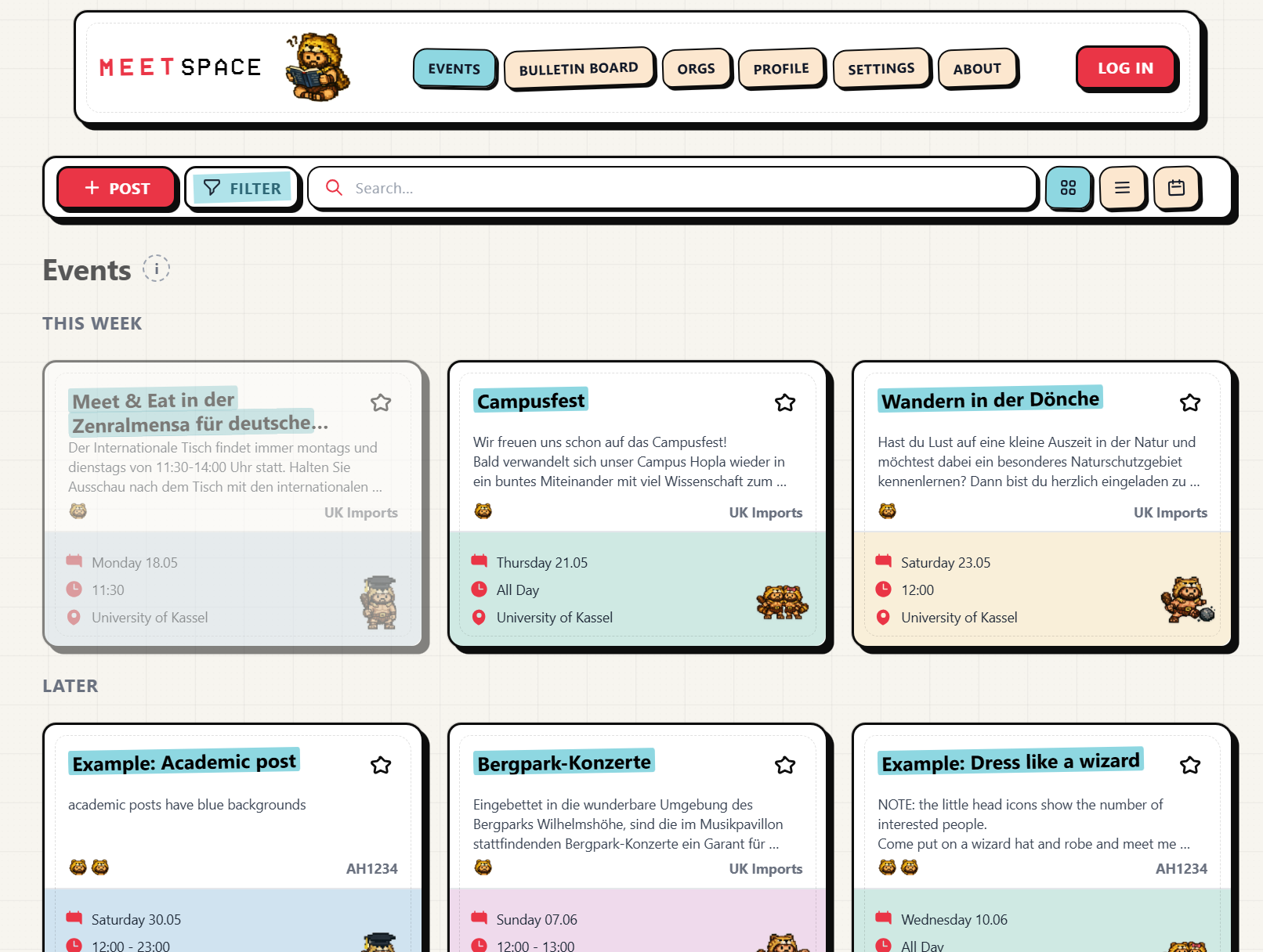 Screenshot of MeetSpace showing the events board interface